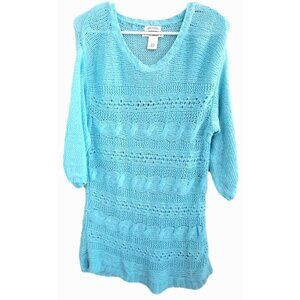 RuffHewn Women's M Aqua Crochet Linen Blend Cover-Up  NO BELT  Boho Beach
